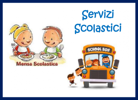 disegno scuolabus con bambini all'interno e due bambini che mangiano